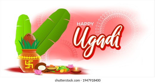 Vector illustration concept of Happy Ugadi greeting with kalasha and traditional food. Also called Gudi Padwa. South Indian New Year's Day.