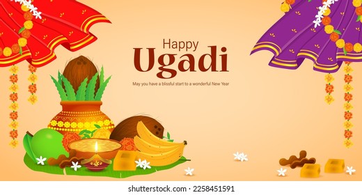 Vector illustration concept of Happy Ugadi Or Gudi Padwa wishes background