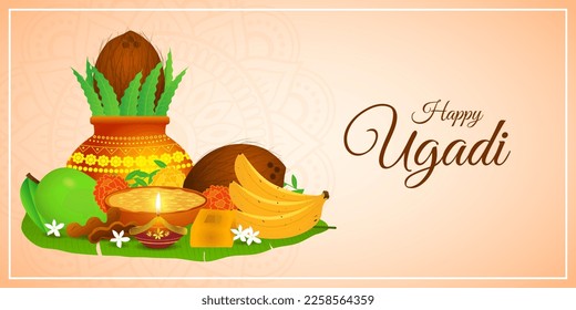 Vector illustration concept of Happy Ugadi Or Gudi Padwa wishes background
