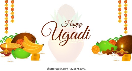 Vector illustration concept of Happy Ugadi Or Gudi Padwa wishes background