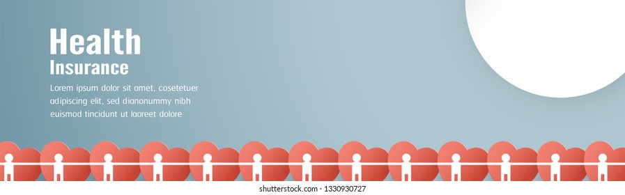 Vector illustration in concept of health insurance. Template design is on pastel blue background in 3D paper cut, craft and origami style. 