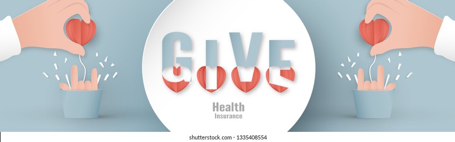 Vector illustration in concept of health insurance. Template design is on pastel blue background in 3D paper cut style. 