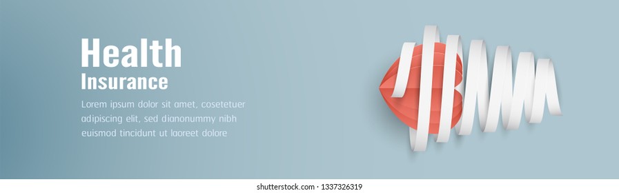 Vector illustration in concept of health insurance. Template design is on pastel blue background in 3D paper cut style. 