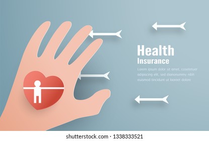Vector illustration in concept of health insurance. Template design is on pastel blue background in 3D paper cut style. 