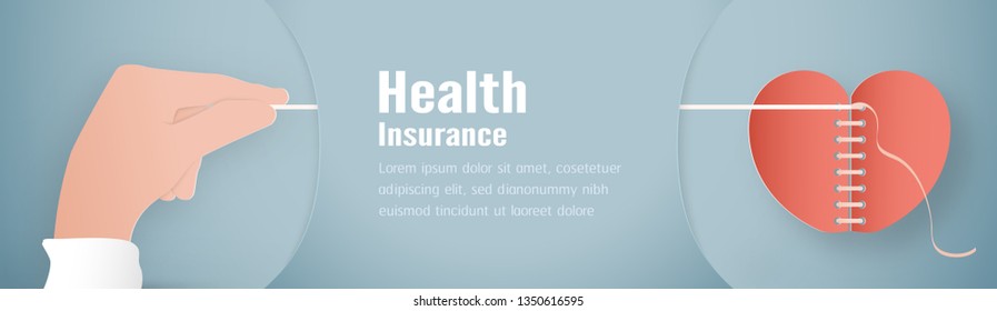 Vector illustration in concept of health insurance. Template design is on pastel blue background in 3D paper cut style for web banner, poster, cover, advertisement. It's art craft for kids.