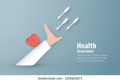 Vector illustration in concept of health insurance. Template design is on pastel blue background in 3D paper cut style for web banner, poster, cover, advertisement. It's art craft for kids.