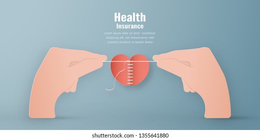 Vector illustration in concept of health insurance. Template design is on pastel blue background in 3D paper cut style for web banner, poster, cover, advertisement. It's art craft for kids.