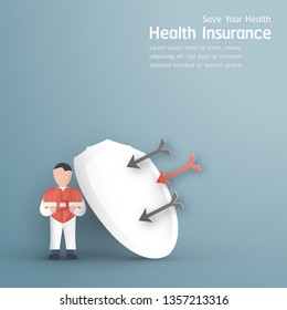 Vector illustration in concept of health insurance. Template design is on pastel blue background in 3D paper cut style for web banner, poster, cover, advertisement. It's art craft for kids.