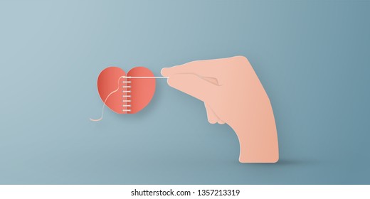 Vector illustration in concept of health insurance. Template design is on pastel blue background in 3D paper cut style for web banner, poster, cover, advertisement. It's art craft for kids.