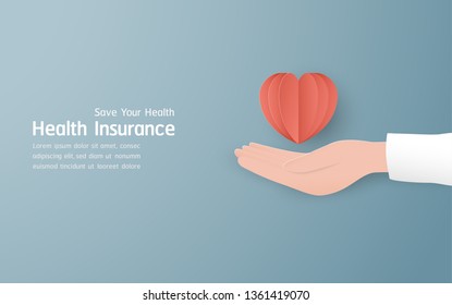 Vector illustration in concept of health insurance. Template design is on pastel blue background for cover, web banner, poster, slide presentation. Art Craft for kid in 3D paper cut style. 