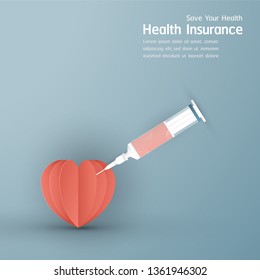 Vector illustration in concept of health insurance. Template design is on pastel blue background for cover, web banner, poster, slide presentation. Art Craft for kid in 3D paper cut style. 