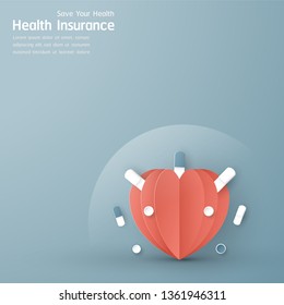 Vector illustration in concept of health insurance. Template design is on pastel blue background for cover, web banner, poster, slide presentation. Art Craft for kid in 3D paper cut style. 