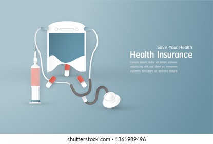 Vector illustration in concept of health insurance. Template element design is on pastel blue background for cover, web banner, poster, slide presentation. Art Craft for kid in 3D paper cut style.