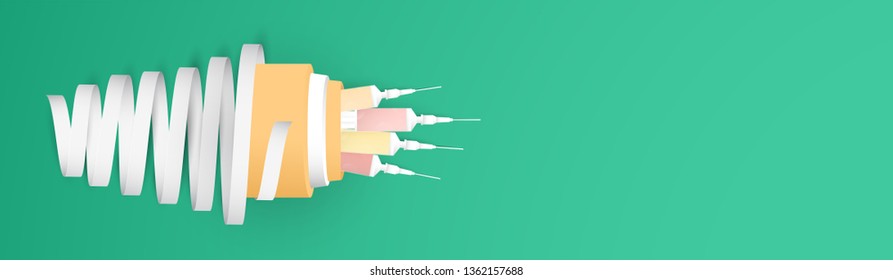 Vector illustration in concept of health insurance. Template design is on pastel green background for cover, web banner, poster, slide presentation. Art craft for kid in 3D paper cut style.