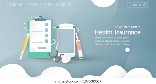 Vector illustration in concept of health insurance. Template design is on pastel blue background for cover, web banner, poster, slide presentation. Art Craft for kid in 3D paper cut style.