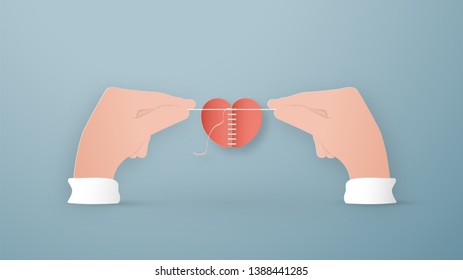 Vector illustration in concept of health insurance. Template design is on pastel blue background in 3D paper cut style for web banner, poster, cover, advertisement. It's art craft for kids.