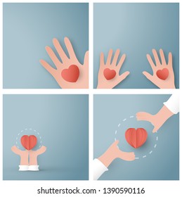 Vector illustration in concept of health insurance. Template design is on pastel blue background for cover, web banner, poster, slide presentation. Art Craft for kid in 3D paper cut style. 