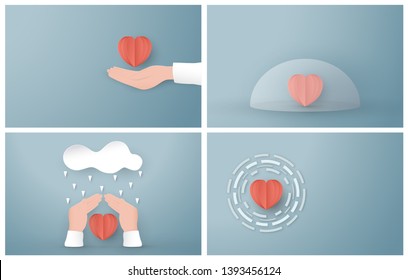 Vector illustration in concept of health insurance. Template design is on pastel blue background for cover, web banner, poster, slide presentation. Art Craft for kid in 3D paper cut style.