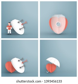 Vector illustration in concept of health insurance. Template design is on pastel blue background for cover, web banner, poster, slide presentation. Art Craft for kid in 3D paper cut style.