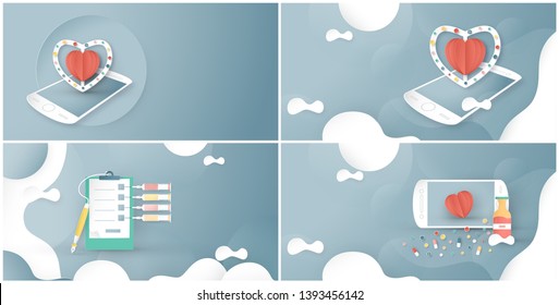 Vector illustration in concept of health insurance. Template design is on pastel blue background for cover, web banner, poster, slide presentation. Art Craft for kid in 3D paper cut style.