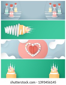Vector illustration in concept of health insurance. Template design is on pastel blue background for cover, web banner, poster, slide presentation. Art Craft for kid in 3D paper cut style.