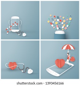 Vector illustration in concept of health insurance. Template design is on pastel blue background for cover, web banner, poster, slide presentation. Art Craft for kid in 3D paper cut style.