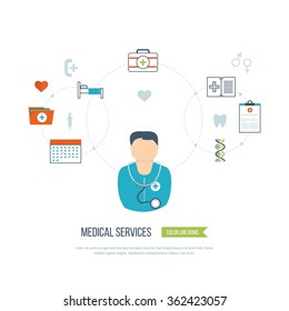Vector illustration concept for healthcare, medical help and research.  Healthcare worker. 