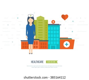 Vector illustration concept for healthcare, medical help and research. Online medical diagnosis and treatment. Medical first aid. Healthcare worker. Medical center and hospital building