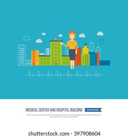 Vector illustration concept for healthcare, medical help and research. Medical first aid. Healthcare worker. Hospital building and medical builfing 