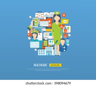 Vector illustration concept for healthcare, medical help and research. Online medical diagnosis and treatment. Medical first aid. Healthcare worker.  Hospital building