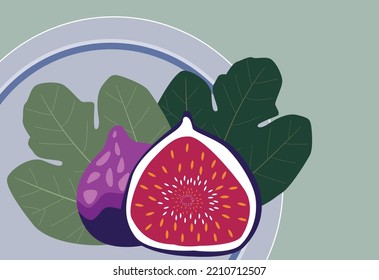 Vector illustration. Concept of healthy eating. Figs, purple whole fruit and half with leaves on a plate. In cartoon style.