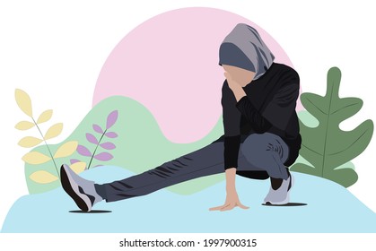 Vector illustration Concept of Healthy Lifestyle, young hijab woman workout exercise at park