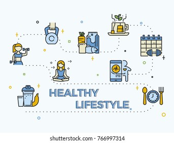 Vector illustration Concept of healthy lifestyle, exercise with outline icons.