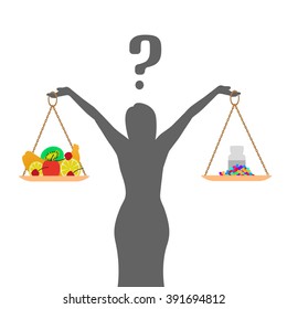 Vector illustration of a concept of healthy nutrition and diet. Pills, tablets or fruit. The woman decides what to eat. Girl with a question.