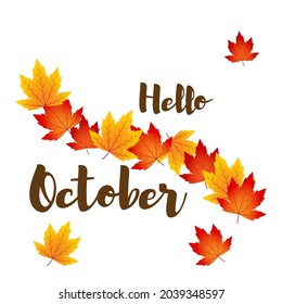 Vector illustration concept for Hello October greeting banner with autumn leaves.