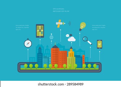 Vector illustration concept of  holding smart-phone with mobile navigation. Flat design modern vector illustration icons set of urban landscape and city life. Building icon.