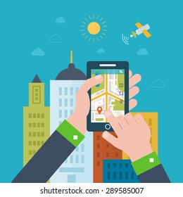 Vector illustration concept of  holding smart-phone with mobile navigation. Flat design modern vector illustration icons set of urban landscape and city life. Building icon.