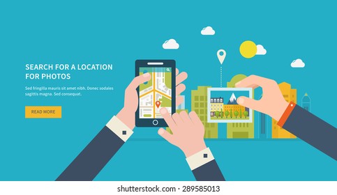 Vector illustration concept of  holding smart-phone with mobile navigation. Urban landscape and city life. Building icon. Search for a location on photos.