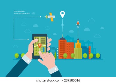 Concepto de ilustración vectorial de tener un teléfono inteligente con navegación móvil. Diseño plano moderno ilustraciones vectoriales conjunto de paisajes urbanos y vida urbana. Icono de construcción.