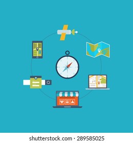 Vector illustration concept of  holding smart-phone with mobile navigation. Online shopping.