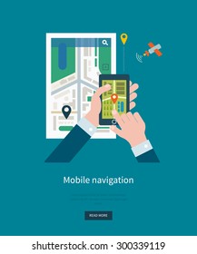 Vector illustration concept of  holding smart-phone with mobile navigation. Maps navigation for smartphone. Vector illustration