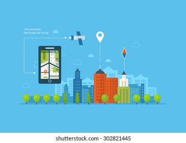 Vector illustration concept of  holding smart-phone with mobile navigation. Flat design modern vector illustration icons set of urban landscape and city life. Building icon.