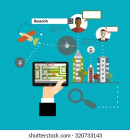 Vector illustration concept of holding smart-phone with mobile navigation. Flat design modern vector illustration icons set of urban landscape and city life. Building icon.
