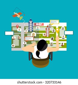 Vector illustration concept of holding smart-phone with mobile navigation. Flat design modern vector illustration icons set of urban landscape and city life. Building icon.