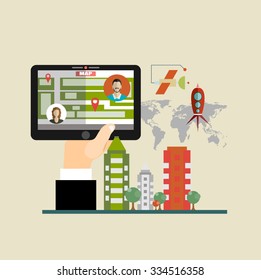 Vector illustration concept of holding smart-phone with mobile navigation. Flat design modern vector illustration icons set of urban landscape and city life. Building icon.
