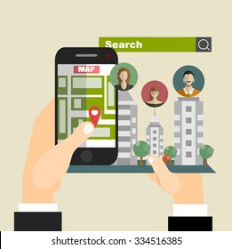 Vector illustration concept of holding smart-phone with mobile navigation. Flat design modern vector illustration icons set of urban landscape and city life. Building icon.