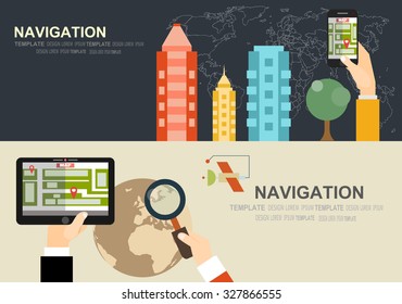 Vector illustration concept of holding tablet with mobile navigation. Flat design modern vector illustration icons set of urban landscape and city life. Building icon.