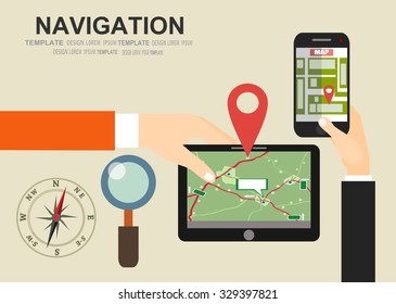 Vector illustration concept of holding tablet with mobile navigation. Flat design modern vector illustration