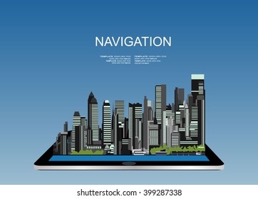Vector illustration concept of holding tablet with mobile navigation. Flat design modern vector illustration