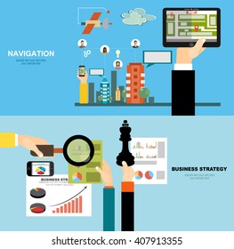 Vector illustration concept of holding tablet with mobile navigation. Concepts for business planning and accounting, analysis, audit, project management, marketing, research in flat design style.